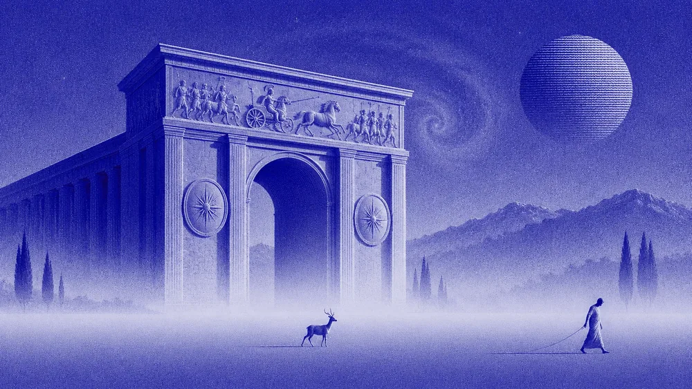 A monumental gate standing in a pale field of mist
