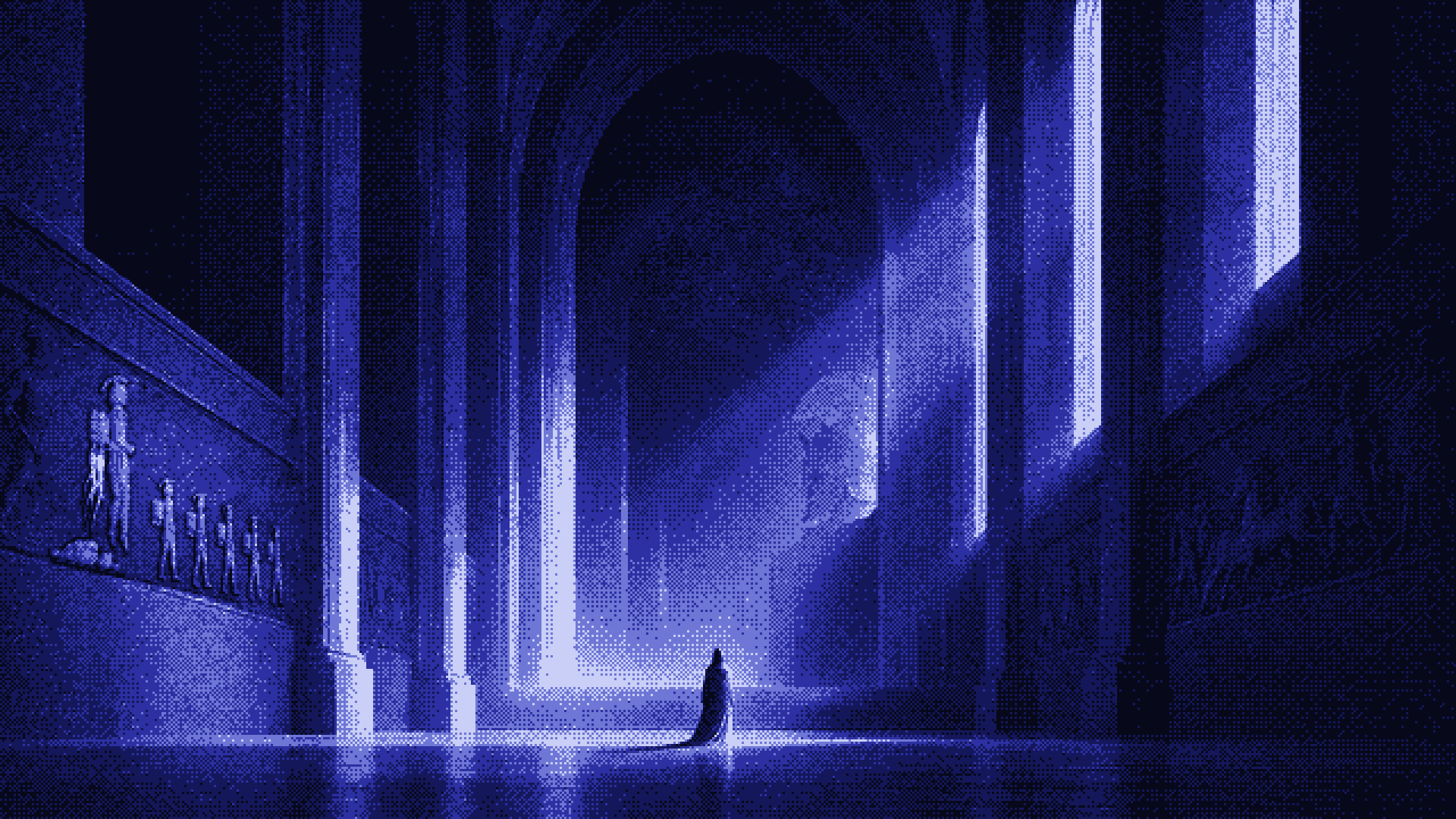 Illustration bleue tramée d’une vaste salle voûtée avec une petite silhouette au fond ; sur le mur, une frise sculptée où une figure casquée s’élève avec un jetpack tandis que cinq figures casquées plus petites, également équipées, avancent devant elle
