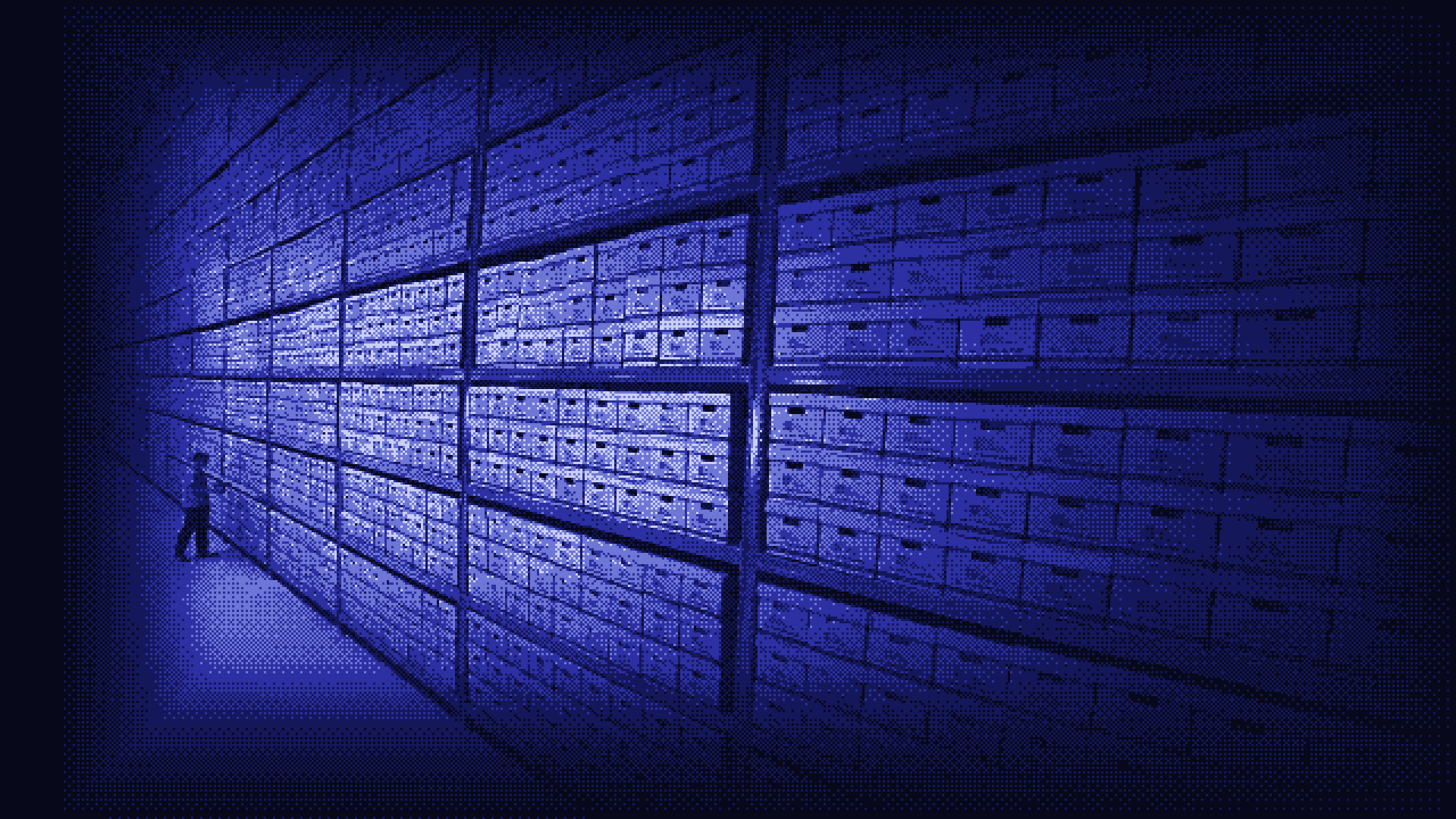 Ein langer Gang mit Archivregalen, in blauer Tusche gezeichnet