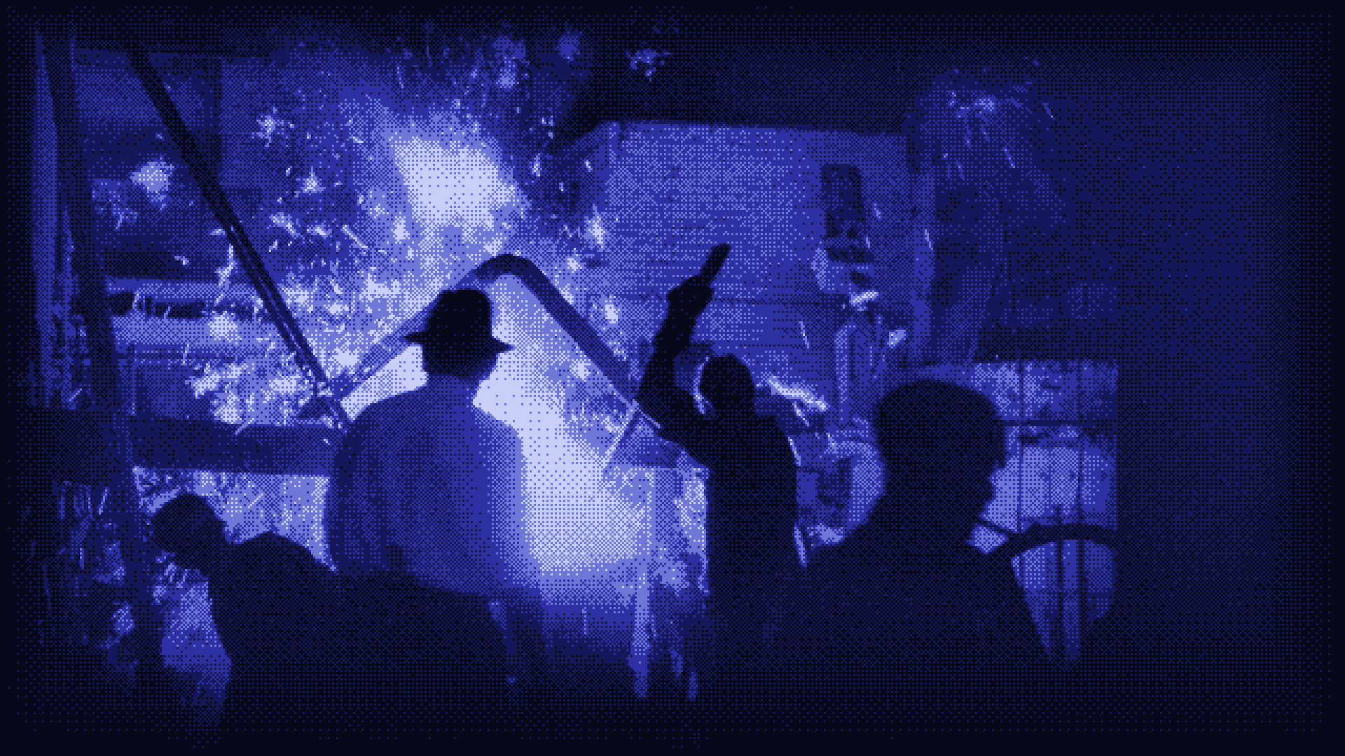 Workers in silhouette in front of a furnace throwing sparks