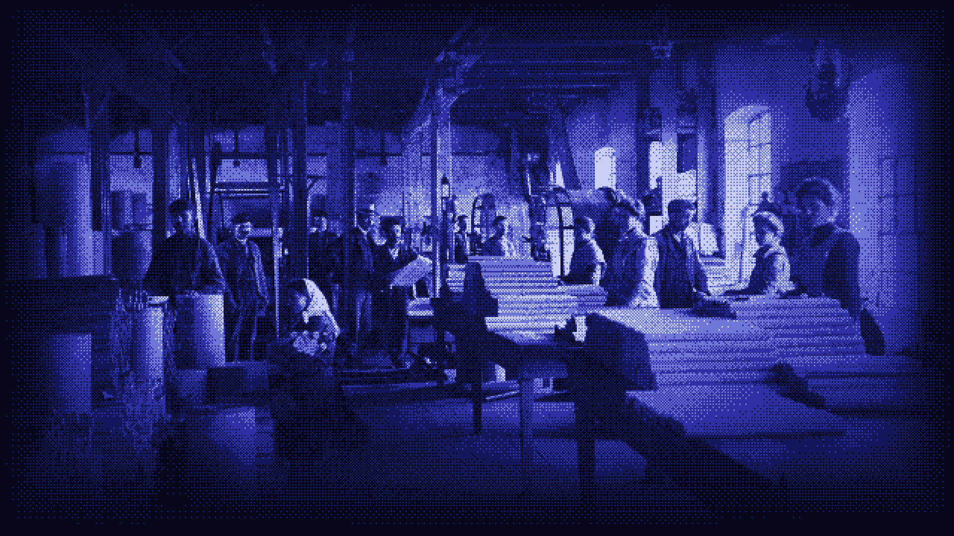 A long factory hall with rows of workers at benches
